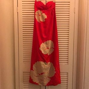 Tibi strapless red silk tan flowers long dress